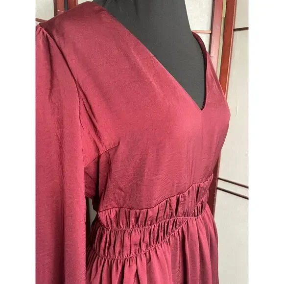 Express Burgundy Satin Long Sleeve V-Neck Mini Dress Size M - Picture 8 of 8
